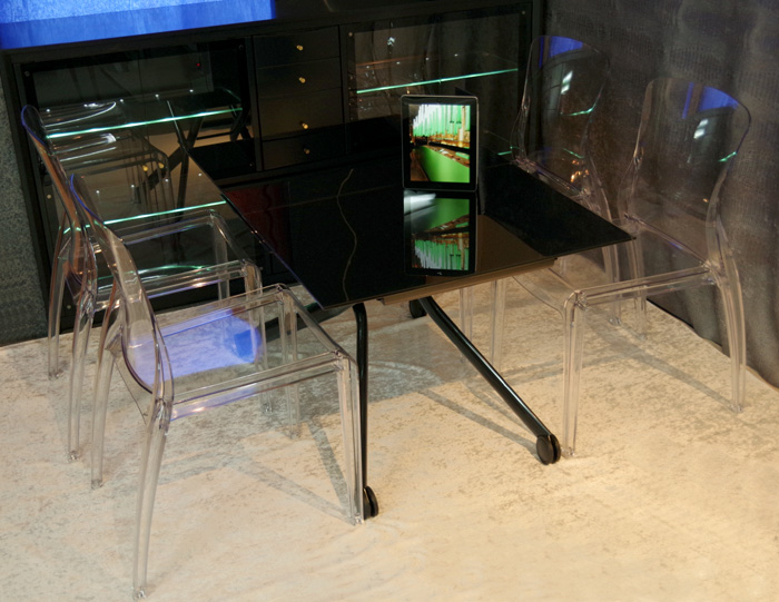 黒ガラス昇降テーブル伸長式いすセット